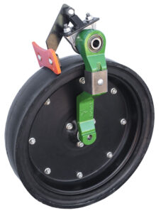 Machined gauge arm with wheel scraper mounted to a gauge wheel